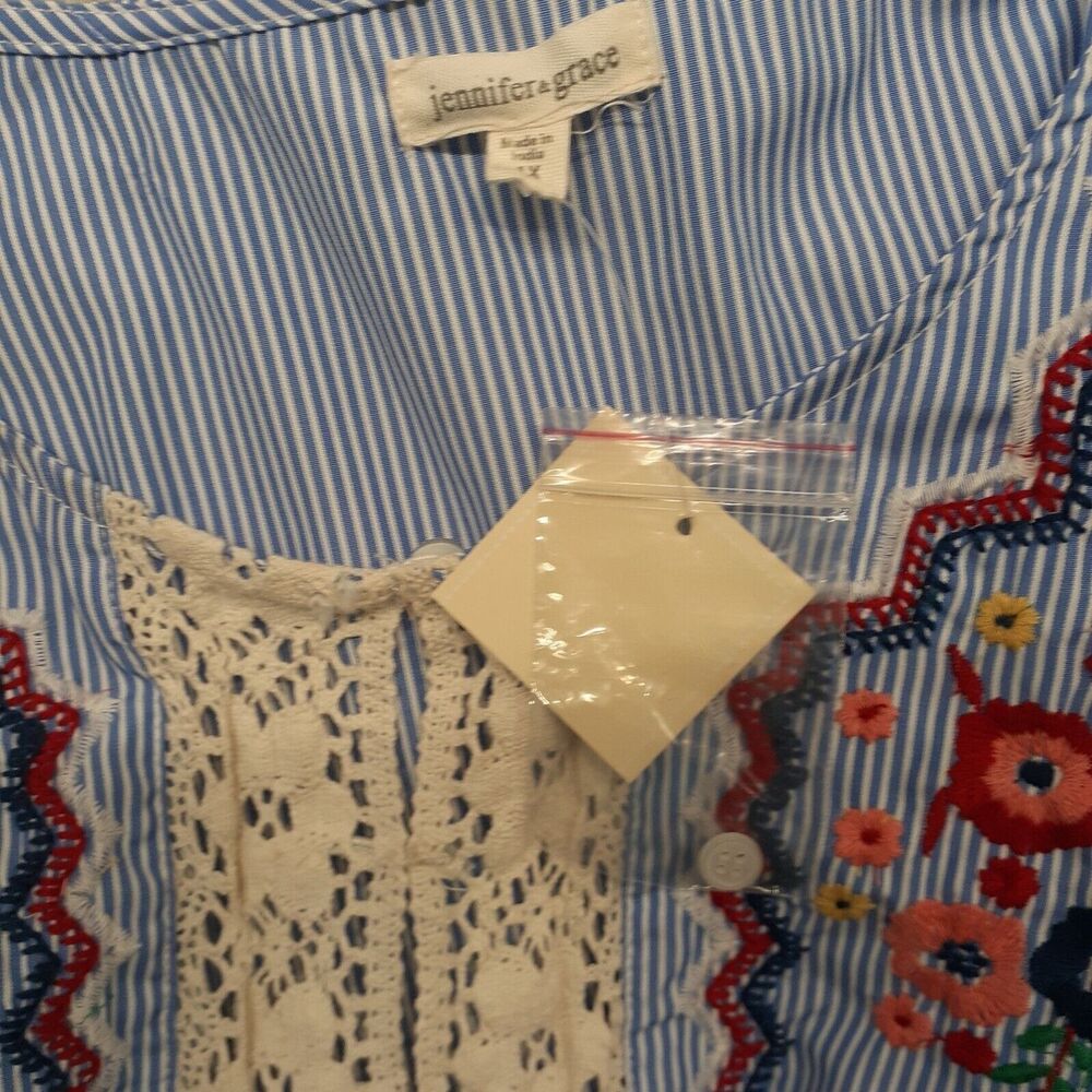 Jennifer & Grace Women Sz 1X Floral Embroidered Blouse Long Sleeve Blue NWT - Picture 7 of 8